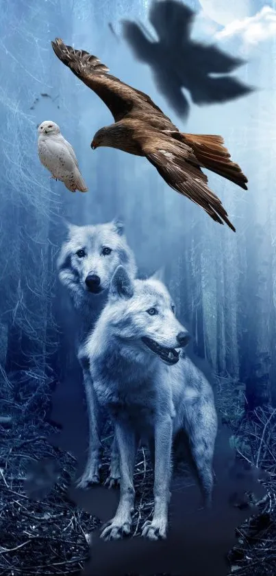 Wolves and birds in a mystical forest setting wallpaper.