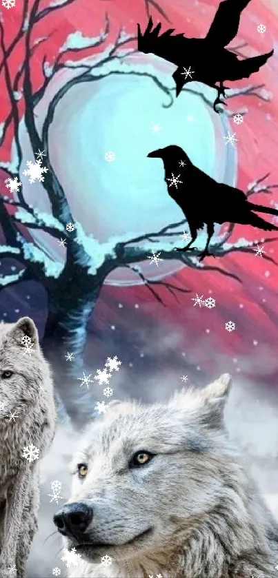 Wolves and crows with a mystical moonlit backdrop.