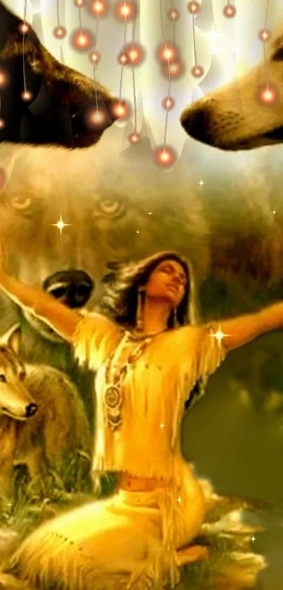 Mystical woman with wolves and glowing lights in tribal art wallpaper.