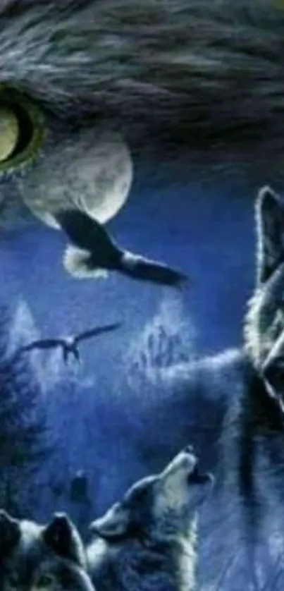 Wolves howl under the full moon in a mystical night forest wallpaper.