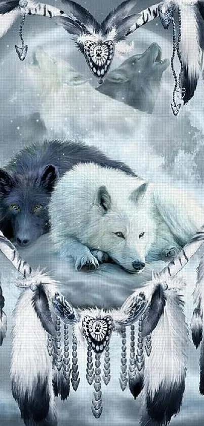 Mystical wolves and feathers mobile wallpaper in soft blue tones.