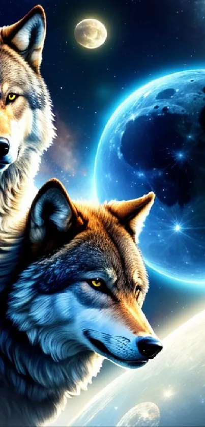 Two wolves with moon in a cosmic background.