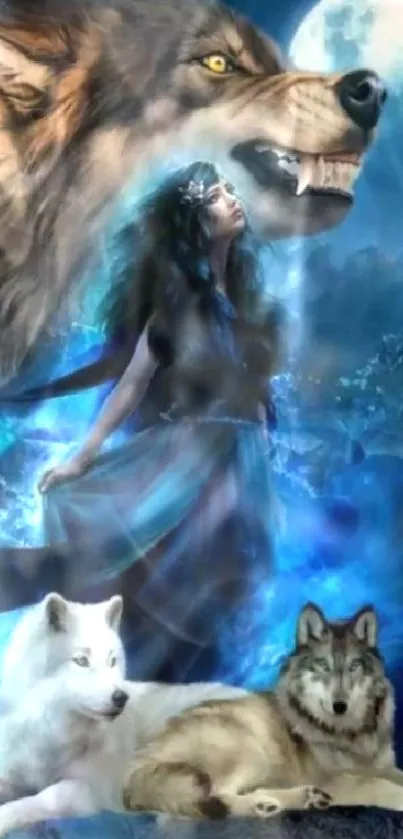 Mystical wolves and moon with girl in blue dress.