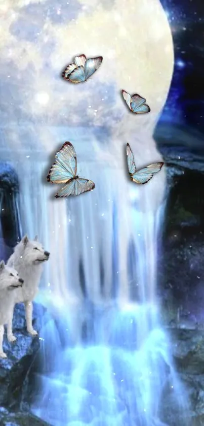 Wolves and butterflies by a mystical moonlit waterfall.