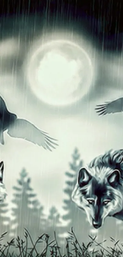 Mystical wolves and ravens in a moonlit forest wallpaper.