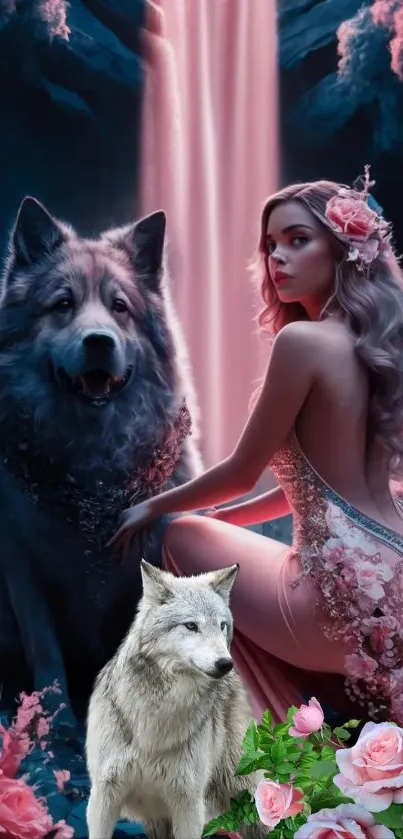 Fantasy art of wolves and woman with roses, featuring a waterfall background.