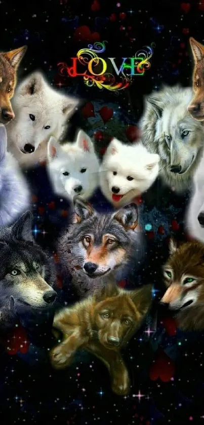 Magical wolves with stars in a mystical wallpaper design.