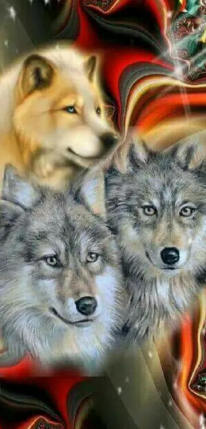 Artistic wallpaper featuring mystical wolves with vivid red and earthy tones.