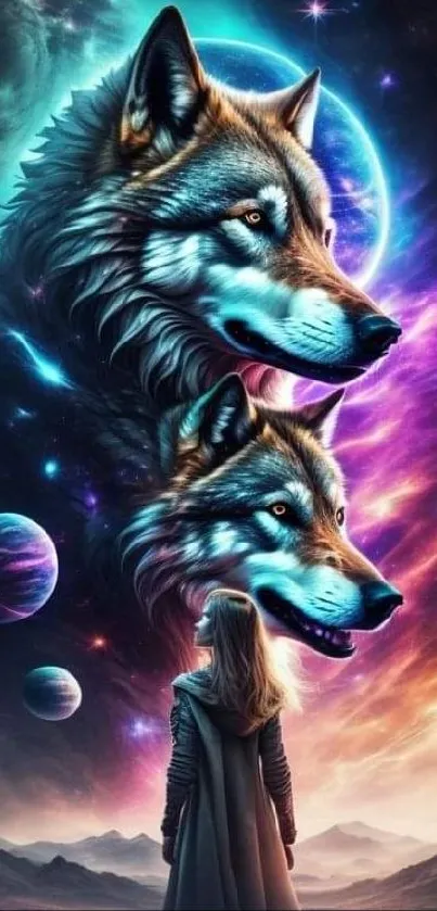 Explore mystical wolves in a cosmic fantasy mobile wallpaper.