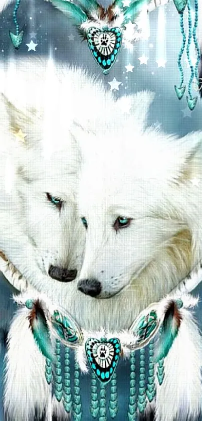 White wolves with turquoise dreamcatcher artwork on mobile wallpaper.