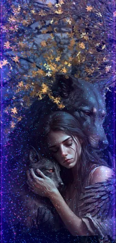 Mystical woman and wolves in a fantasy setting.