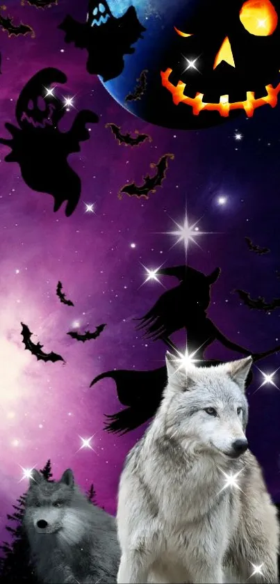 Mystical Halloween wallpaper with wolves and a haunting night sky.