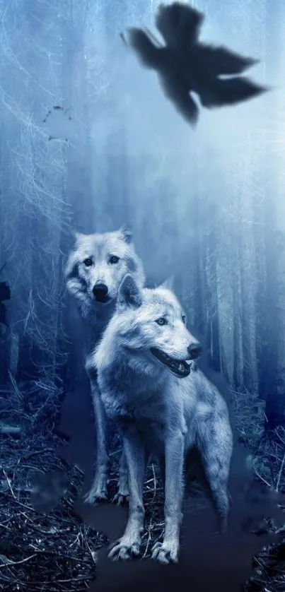 Two wolves in a mystical blue forest with birds flying above.