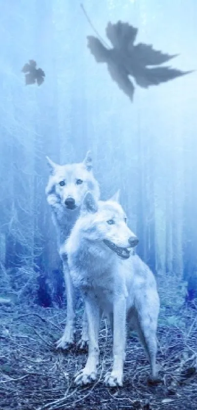 White wolves standing in a mystical blue forest with falling leaves.