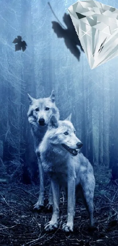 Mystical wolves in a blue forest with a floating crystal.