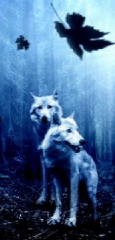Mystical wolves in a blue forest setting with falling leaves.