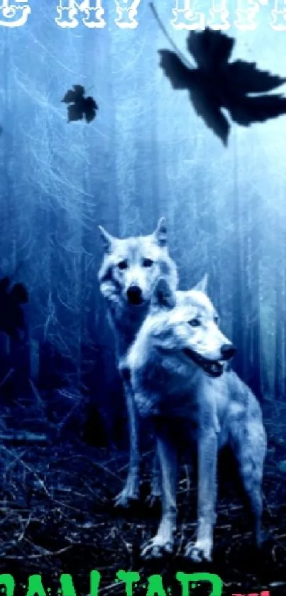 Two wolves stand in a mystical blue forest with falling leaves.