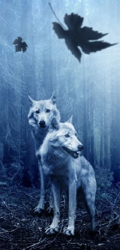 Mystical wolves standing in a blue-lit forest.