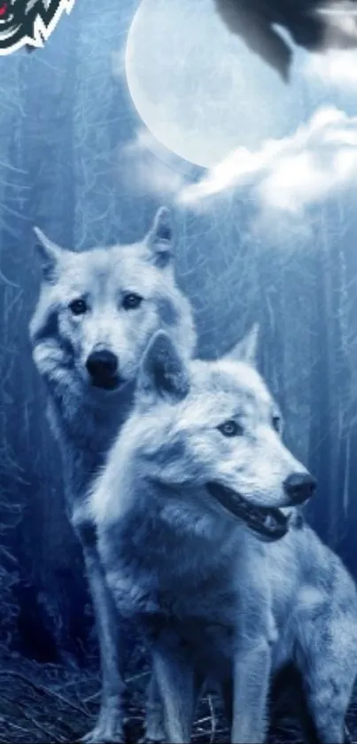 Two mystical wolves in a dark, blue forest with silhouette birds overhead.