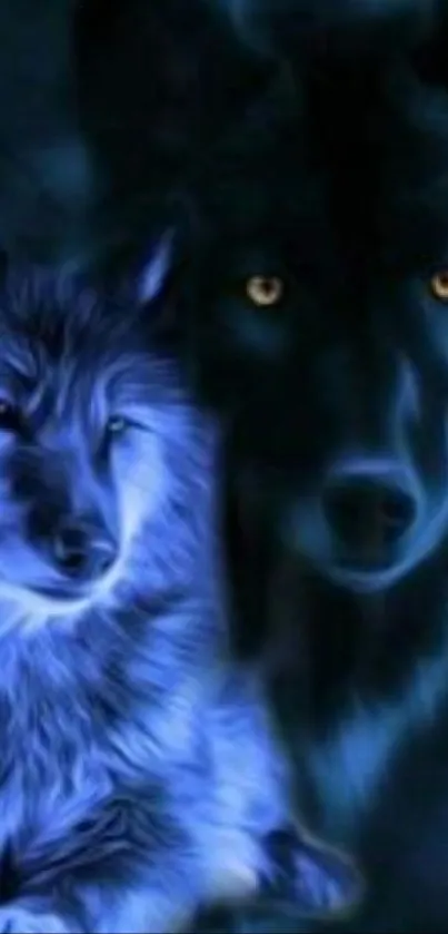 Mystical wolves in a serene blue glow, creating a captivating mobile wallpaper.