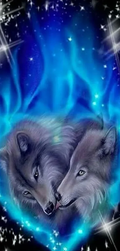 Two mystical wolves in blue flames with a starry background.