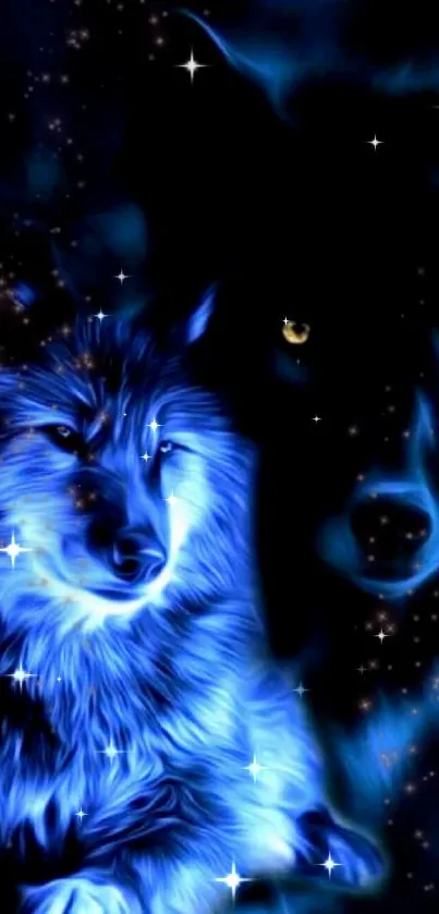 Mystical blue wolves against a starry cosmic night sky wallpaper.