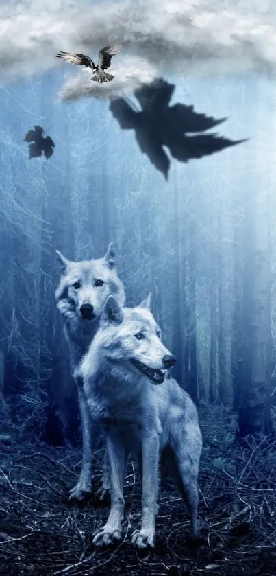White wolves in a mystical blue forest.