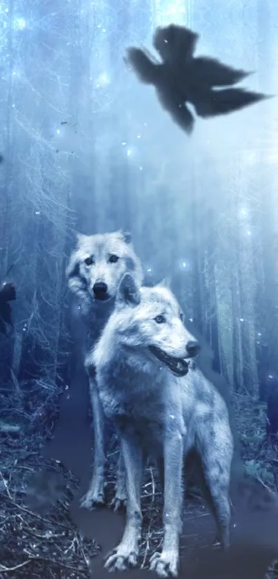 Two wolves in a misty, blue-tone enchanted forest background.