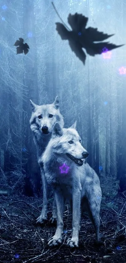 Two wolves in a mystical forest with falling leaves