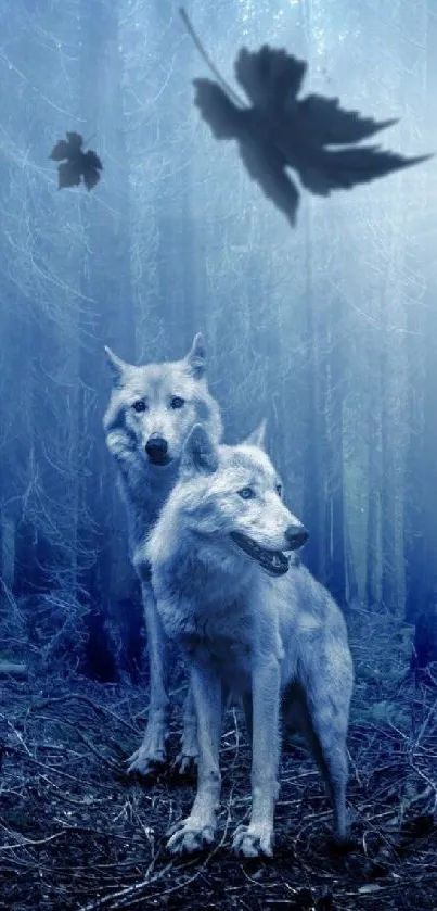 Two wolves in a mystical, moonlit forest.