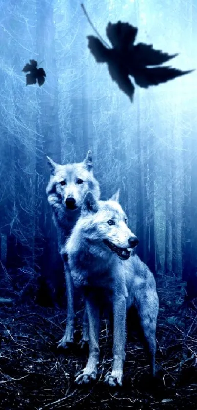 Two wolves in an enchanted blue forest with drifting leaves.