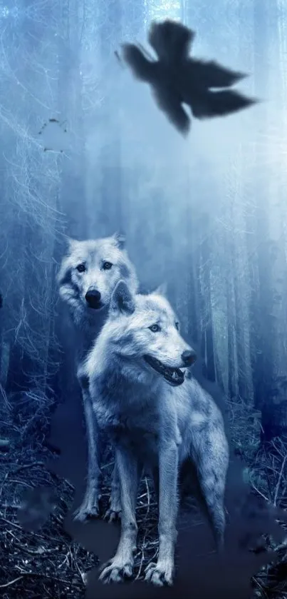 Two majestic wolves stand in an ethereal blue forest with a mystical aura.