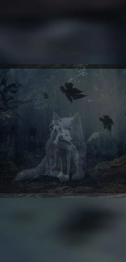 Ethereal wolves emerging from a mystical forest at night.