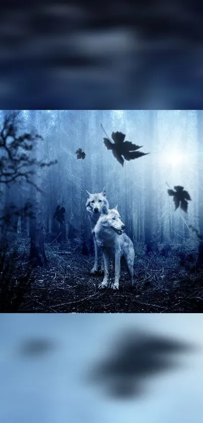 Two mystical wolves in an enchanted forest at night with floating ravens.