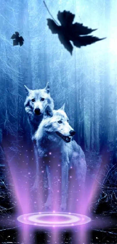 Mystical wolves in a blue enchanted forest with ethereal lighting.