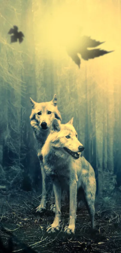 Two mystical wolves in an enchanted forest bathed in golden light.