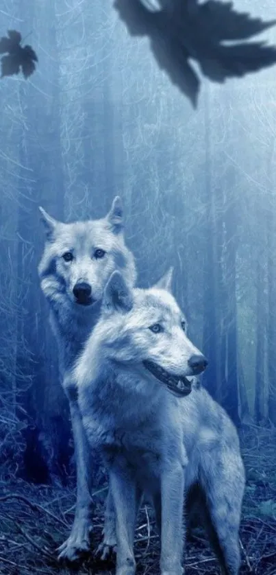 Two mystical wolves in a blue-toned forest scene.