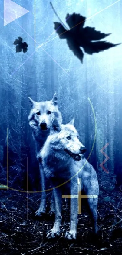 Two wolves in a mystical, blue forest with falling leaves.