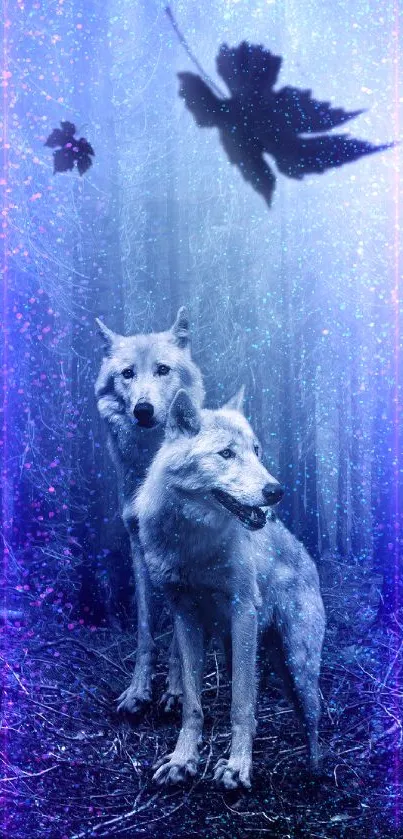 Mystical wolves in a serene blue forest with falling leaves.