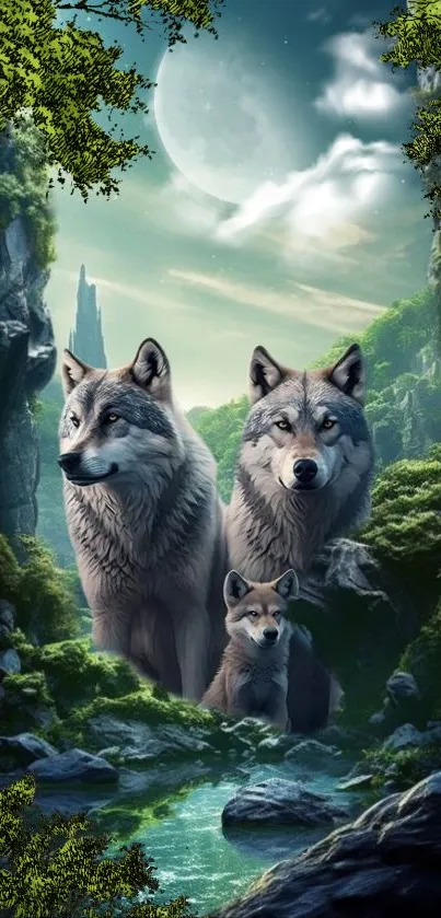 Wolf family in a mystical, moonlit forest scene.