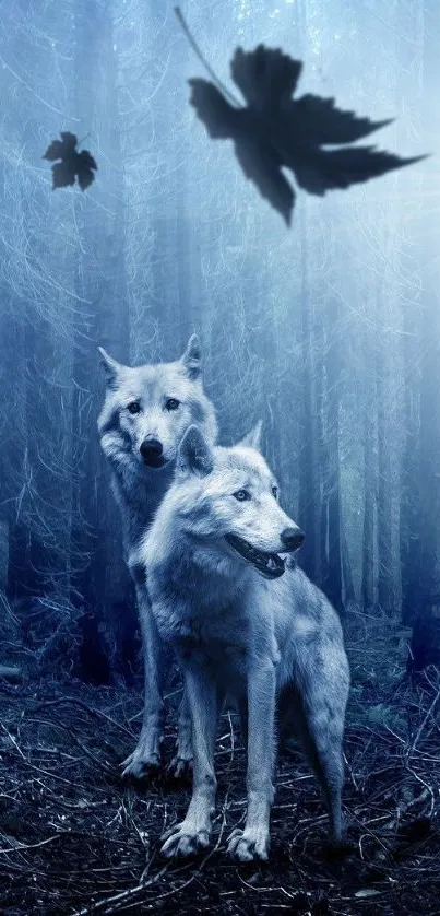 Two wolves in a mystical blue forest with falling leaves.