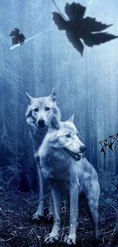 Two wolves standing in a mystical blue forest with falling leaves.