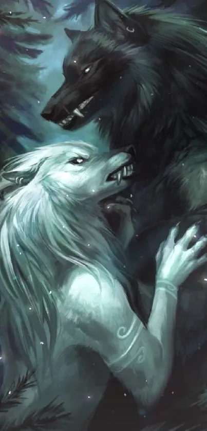 Mystical wolves in a moonlit forest scene, dark and enchanting.