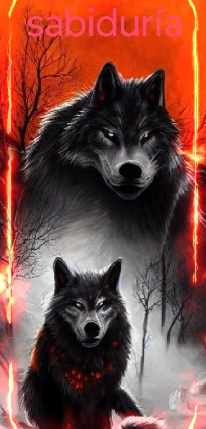 Two mystical wolves under an orange moon in a dark forest.