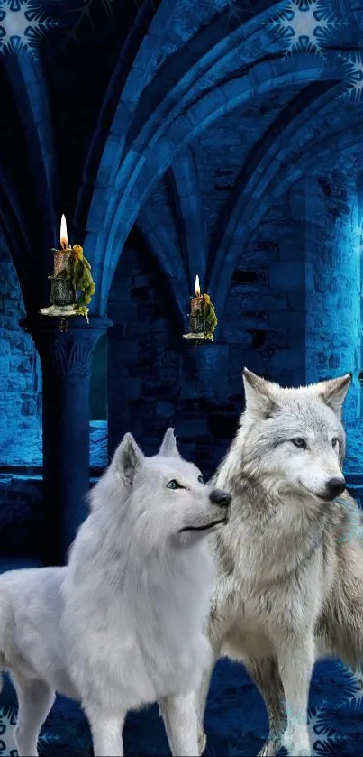 White wolves in a moonlit gothic castle setting.