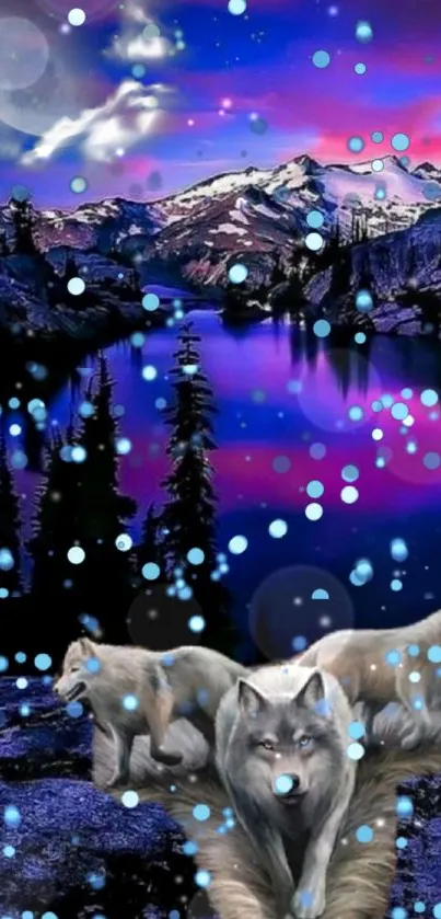 Mystical wolves under a moonlit mountain sky with blue orbs and vibrant colors.