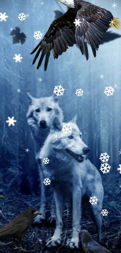 Wolves in a winter forest with snowflakes and birds.