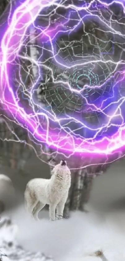 White wolves in enchanted forest with purple magical portal.