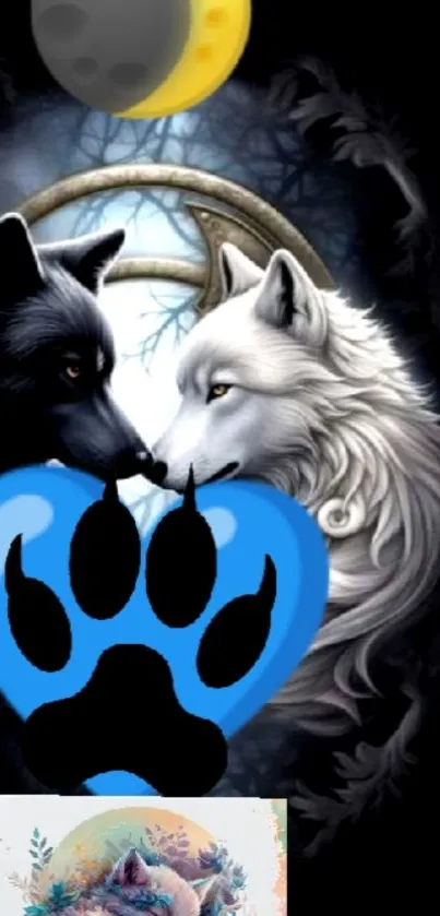 Mystical black and white wolves with cosmic background and blue heart.