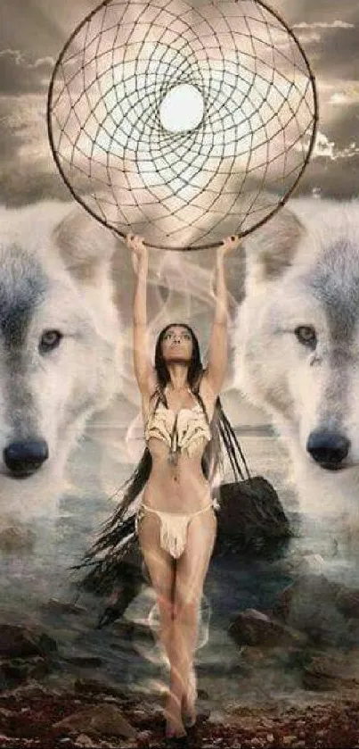 Fantasy wallpaper with wolves and dreamcatcher.